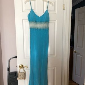 Aqua beaded spaghetti strap evening gown